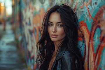 Naklejka premium woman wearing a black leather jacket, leaning against a graffiti-covered wall in an urban setting