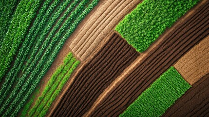 An aerial image showcasing an arrangement of vibrant crops in neat rows, displaying the precision and beauty of modern agricultural practices and the splendor of cultivated land.