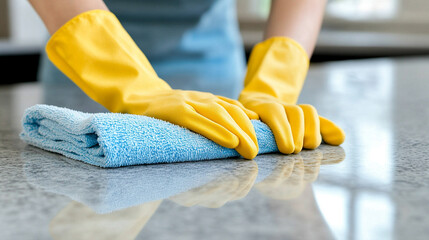 Close-up of a female cleaner's gloved hands in action, symbolizing hard work, cleanliness, and diligence. The image highlights the dedication and care involved in maintaining cleanliness and order