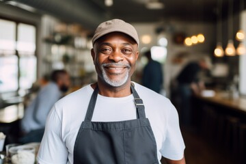 Fototapeta premium Portrait of a smiling male middle aged African American bartender