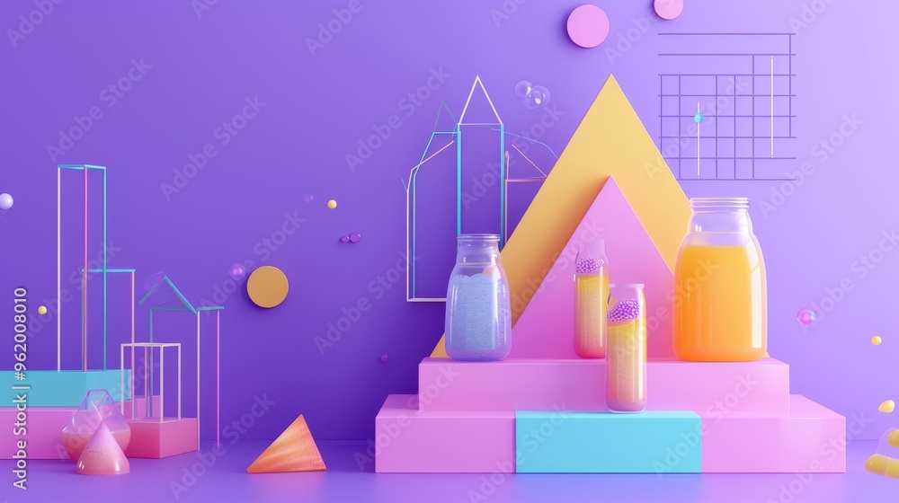 Poster a creative display featuring colorful juice bottles arranged on geometric platforms against a vibran
