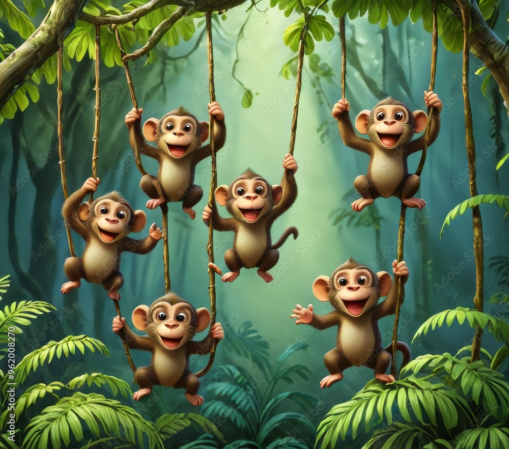 Poster a lively illustration of six playful monkeys swinging on vines in a lush, green jungle. their cheerf