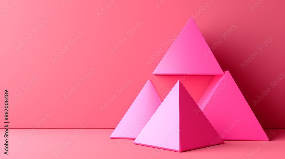 Poster a visually engaging arrangement of pink pyramids stacked in a balanced composition on a matching pin