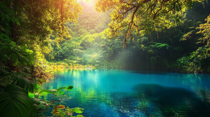 A colorful image shows a lake surrounded by a lush rainforest.  The lake is used as a symbol to represent environmental justice and policies.