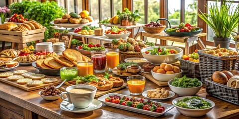 A Bountiful Breakfast Buffet A Feast for the Senses, with Fresh Fruits, Pastries, Juices, and Salads, breakfast buffet, food photography