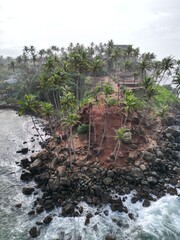 Stunning aerial view of Mirissa, Sri Lanka: a tropical paradise with palm-fringed beaches, vibrant blue waters, and picturesque coastline under clear, sunny skies.