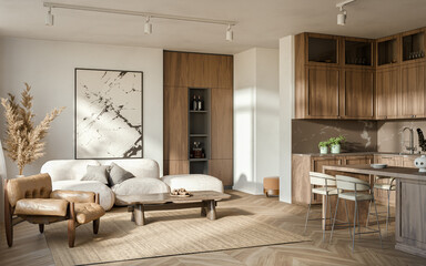 Studio room interior with cooking area, white walls, hardwood flooring and modern wood furniture. Minimalist design, 3d rendering

