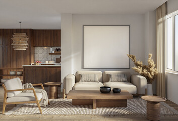 Studio room interior with cooking area, white walls, hardwood flooring and modern wood furniture. Minimalist design, 3d rendering
