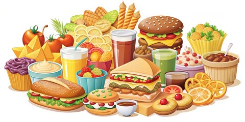 A Colorful Feast of Burgers, Sandwiches, and Drinks, digital illustration, white background, food, delicious