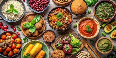 A Feast of Flavors A Colorful Spread of Vegetarian Dishes in Bowls and Plates, Vegetarian Food, Vegan Cuisine, Healthy Eating