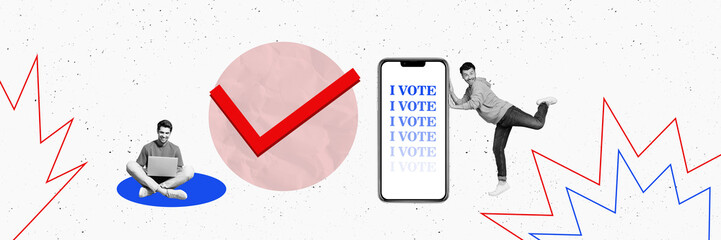 Composite panoramic collage of happy guys stand big phone screen browsing laptop checkmark vote...