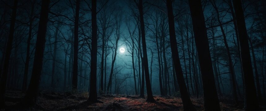 a dark forest with a full moon in the background.