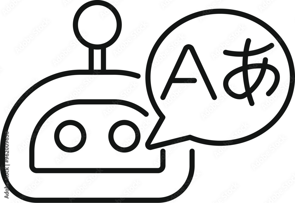 Poster chatbot speaking different languages with speech bubble showing foreign letters, online translation 