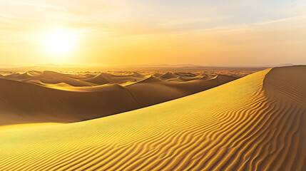 The vast desert stretches out like a golden ocean, with the sun shining brightly on every grain of sand. The shifting dunes create a beautiful play of light and shadow.