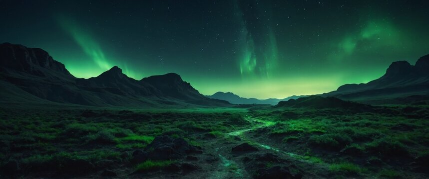 Mysterious alien landscape with glowing green lights.
