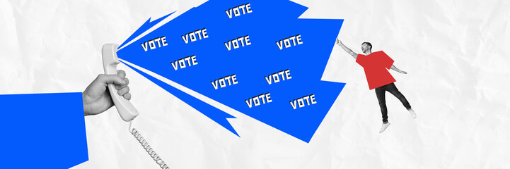 Composite panoramic collage of astonished man vote agitation telephone propaganda election...