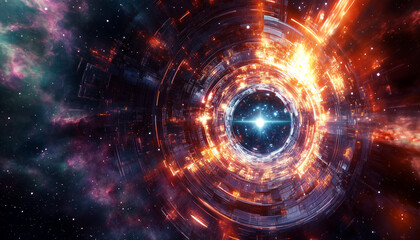 Light rays emanate from the center of a circular portal gate, rendered in a digital style.