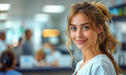 Fototapeta premium Friendly, Smiling Reception Desk Staff Member Assisting Clients in Bright, Modern Hospital Lobby - Personalized Care, Healthcare Services