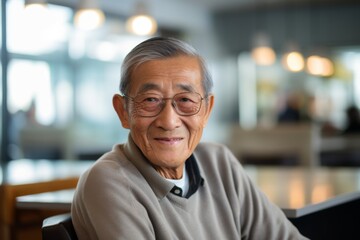 Obraz premium Smiling portrait of a senior Asian man in wheelchair at nursing home