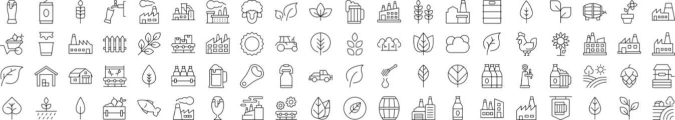 Agriculture Related Thin Icons Collection. Contains Icons of Tractor, Plantation, Harvest.  Editable Stroke. Suitable for Web Sites, Books, Cards, Apps