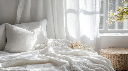 The white linen drapes are soft and made from fine threads. They feel cool and smooth, and have a gentle shine.