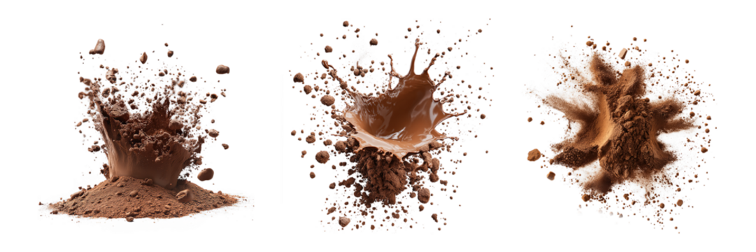 Set of Cocoa powder explosion isolated on transparent background png, raw chocolate 