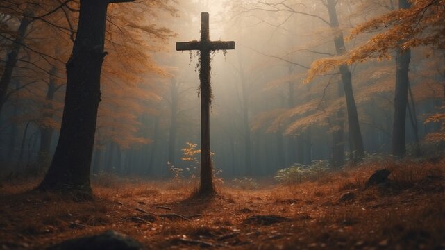 Mysterious Cross in Autumnal Forest Clearing with Peaceful Atmosphere.