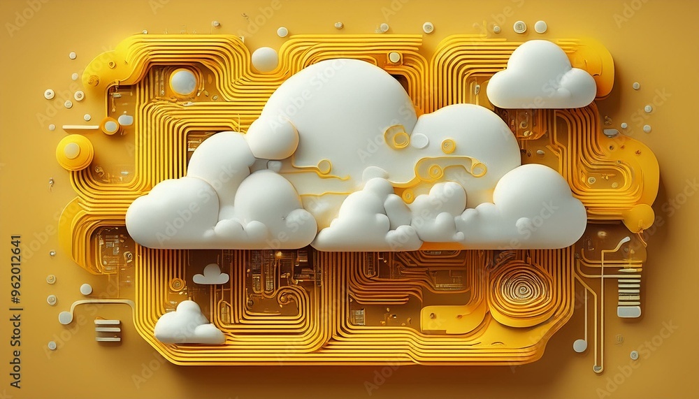 Poster 3d rendering of a yellow and white circuit board with clouds on it.