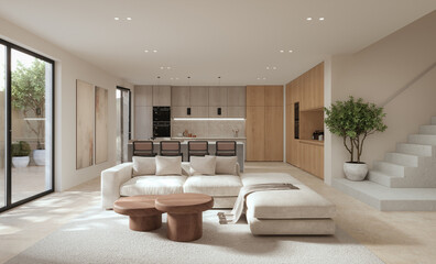 Open space living room and kitchen interior with large windows, cozy sofa, dining table and hardwood flooring. Modern design solution, 3d rendering