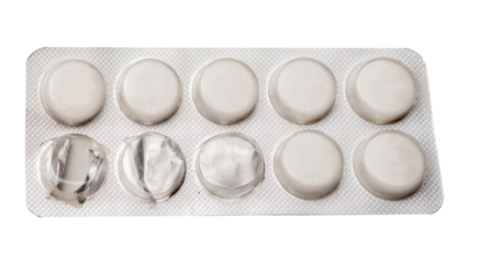 One blister pack of white tablets isolated on a white background, cut out, transparete background