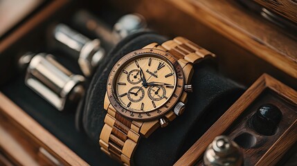 Fototapeta premium A luxury wooden wristwatch with a chronograph feature, elegantly placed in a wooden display box, showcasing intricate craftsmanship and premium design.