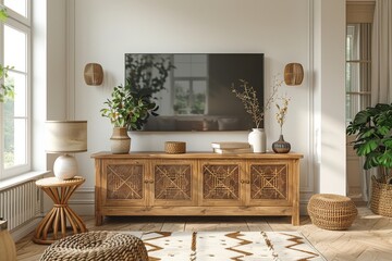 Wooden TV stand with carved patterns in Nordic interior design, light wood tones, wicker coffee tables, and metal lamps.