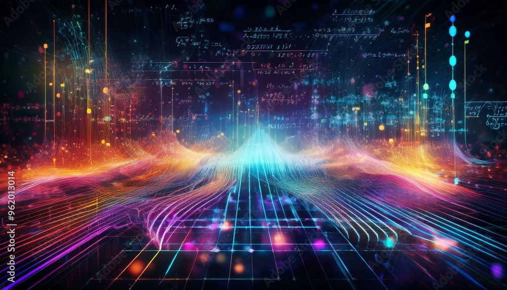 Poster abstract digital science and algebra energy concept with vibrant data streams and mathematical equat