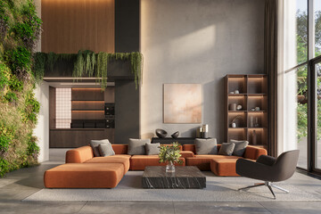 Vertical Green Wall  in modern living room interior with polished concrete walls and modern furnitre, 3d render
