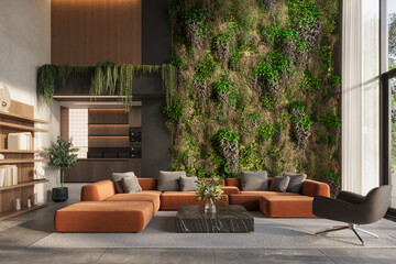 Vertical Green Wall  in modern living room interior with polished concrete walls and modern furnitre, 3d render
