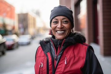 Smiling portrait of a middle aged delivery woman