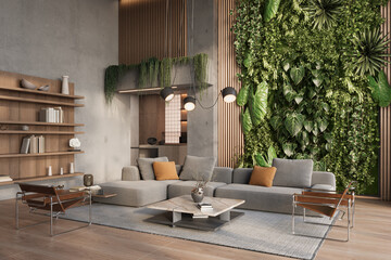 Vertical Green Wall  in modern living room interior with polished concrete walls and modern furnitre, 3d render
