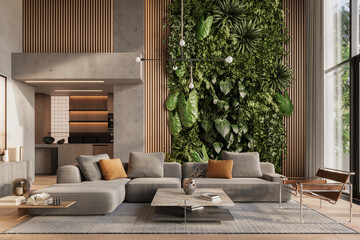 Vertical Green Wall  in modern living room interior with polished concrete walls and modern furnitre, 3d render
