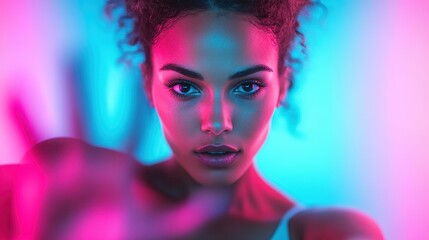 A vibrant close-up shot of a woman under neon lighting, extending her hand towards the camera with...