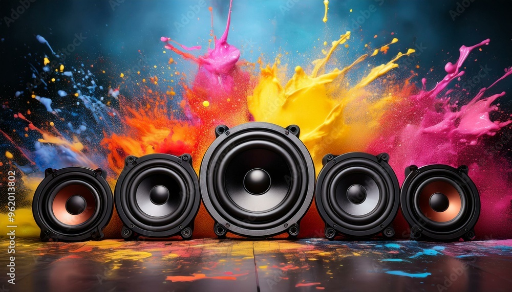 Poster array of black floor speakers in front of vibrant paint splash background for fun music concepts - c
