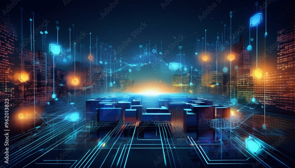 Poster blockchain technology ensuring document integrity with ai-driven data security at night in a digital