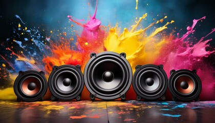 Array of Black Floor Speakers in Front of Vibrant Paint Splash Background for Fun Music Concepts - Colorful Audio Vibe