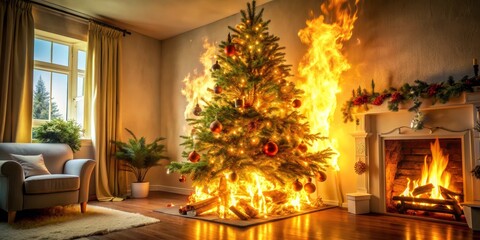 Christmas Tree Fire Hazard, Living Room, Decorated Christmas Tree, Burning Tree, Christmas Safety, fire hazard, holiday safety