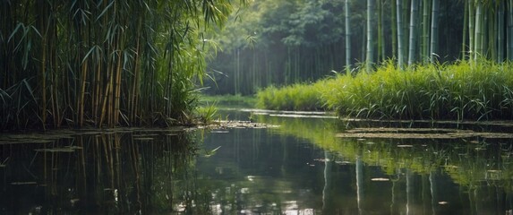 Obraz premium a peaceful pond surrounded by towering bamboo stalks their rustling leaves creating a soothing soundtrack to the tranquility of the scene.