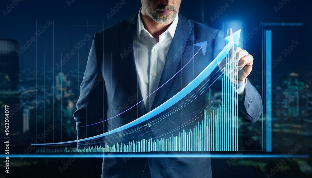 Poster businessman analyzing and pointing at rising arrow graph on digital screen representing corporate fu
