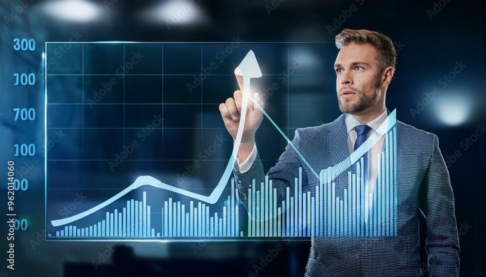 Poster businessman analyzing and pointing at rising arrow graph on digital screen representing corporate fu