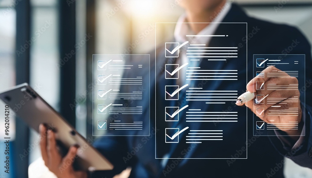 Poster businessman evaluating project performance with checklist for business approval and documentation ma