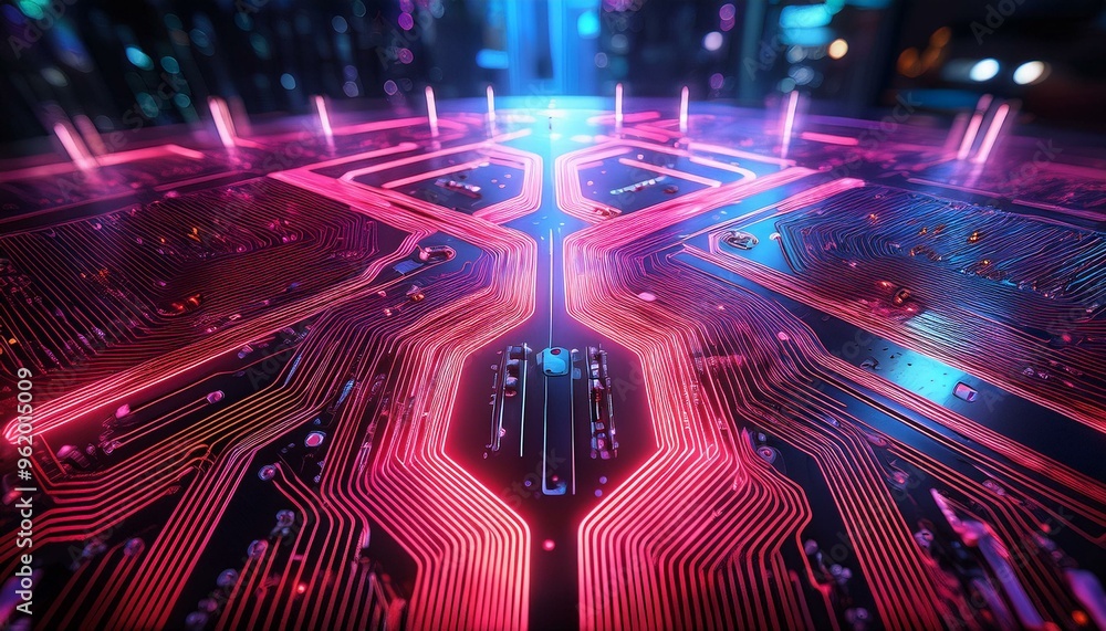Poster close-up of futuristic circuit board glowing with pink and red led lights depicting advanced technol
