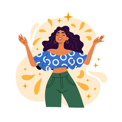 Vector flat illustration of a happy woman expressing joy. The illustration represents positive emotions and happiness, hand-drawn on an isolated background