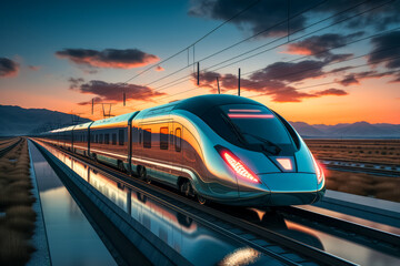 Bahnreisen der Zukunft, Moderner futuristischer Zug f&auml;hrt durch die Landschaft, Generative AI